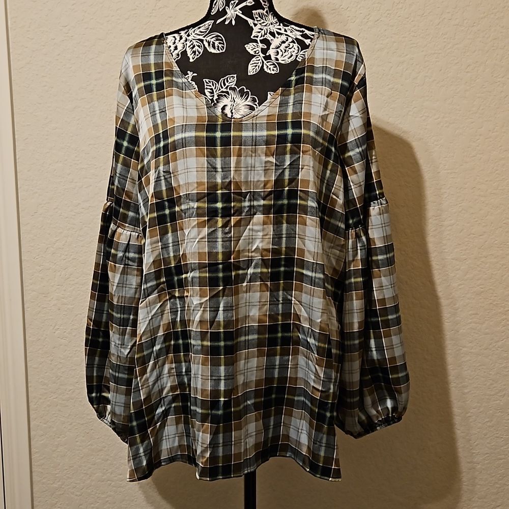 First Love by Lovelyn Plaid Flannel Print Lantern Sleeve Blouse  CLEARANCE